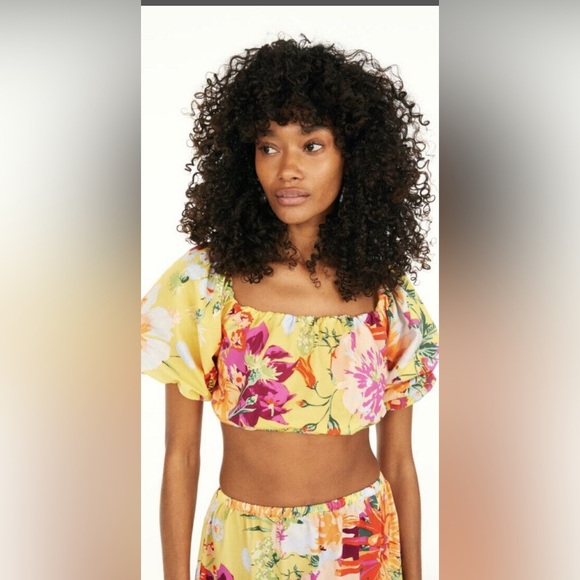 H&M Yellow Floral Cropped Top Puff Sleeves Criss Cross Back Size XXL NWT - Picture 1 of 10